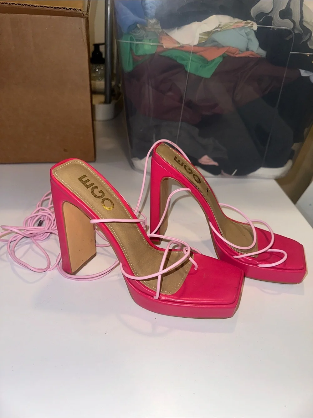 EGO Hot Pink Square-Toe Lace-Up Block Heels with Pale Pink Straps